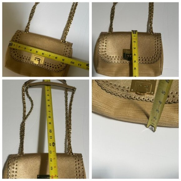 Michael Kors Violet Vivian Leather Straw Raffia Metallic Chain Shoulder Bag Tote - Picture 16 of 16